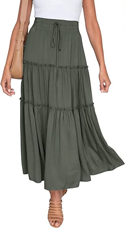 KIRUNDO 2023 Women's Spring Summer Elastic High Waist Maxi Skirts Solid Casual Flowy Tiered Ruffl... | Amazon (US)