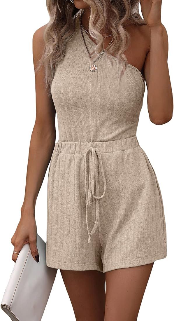 OYOANGLE Women's Two Piece Outfits Asymmetrical One Shoulder Sleeveless Knit Top and Drawstring S... | Amazon (US)