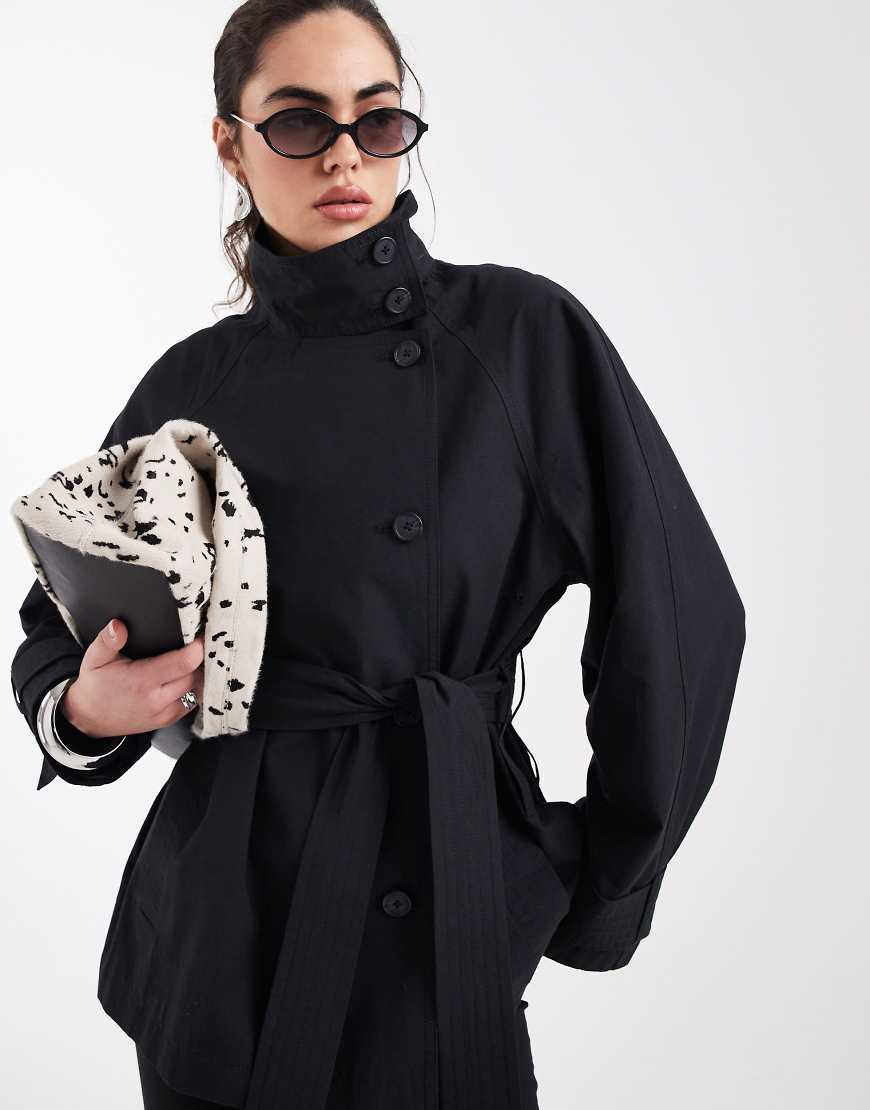 ASOS DESIGN funnel neck tie belt trench coat in black | ASOS (Global)