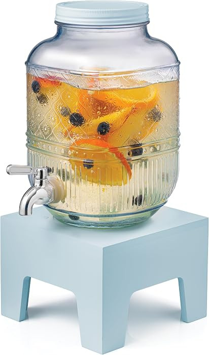 Beverage Dispenser 1 Gallon, Glass Drink Dispenser with Wooden Base Stand, Wide Mouth Jar for Lemonade, Iced Tea, Infused Water, Vintage Kitchen Decor - Blue | Amazon (US)