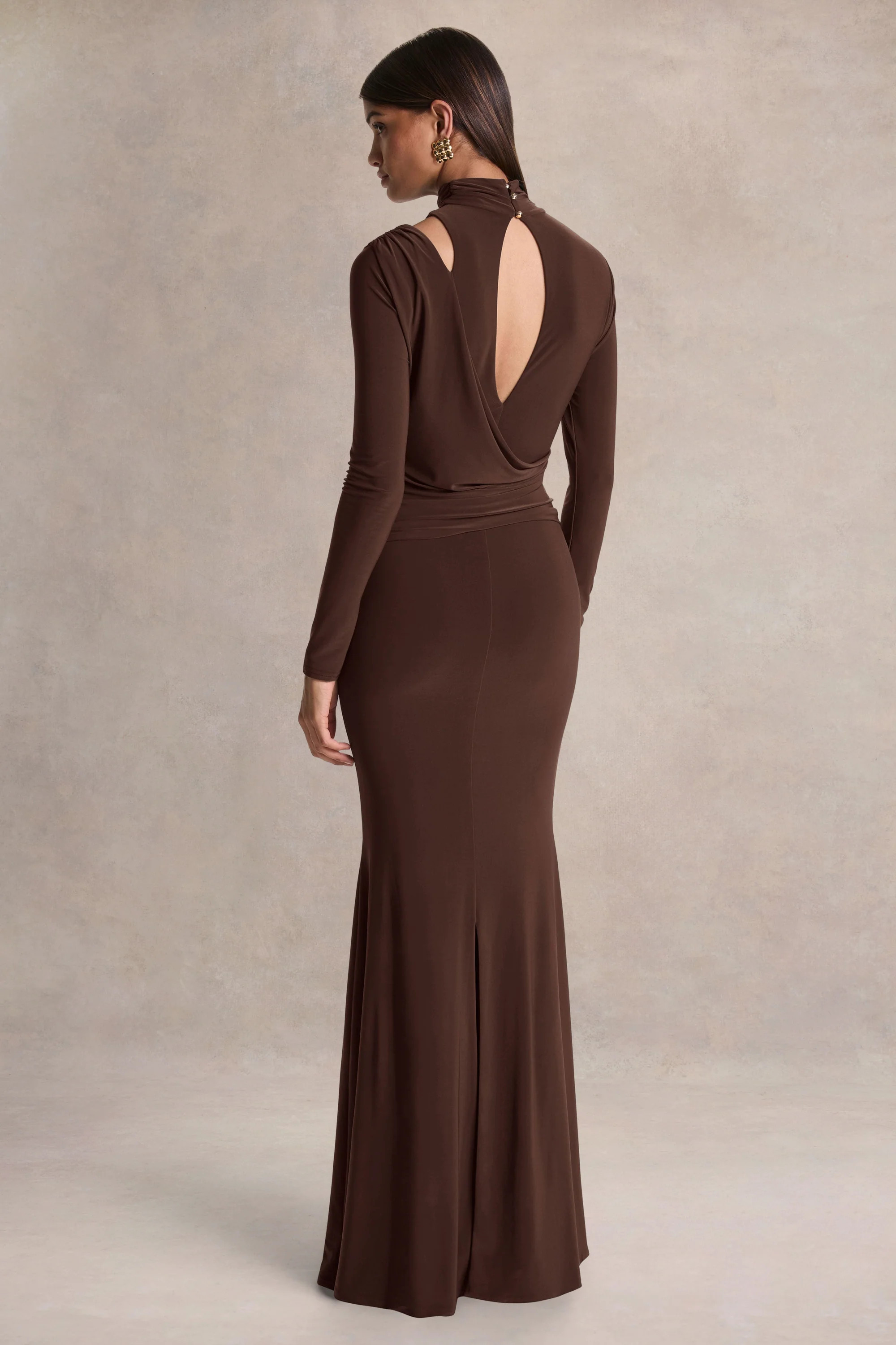 Alastrina | Brown High-Neck Maxi Dress With Gathered-Detailing | Club L London