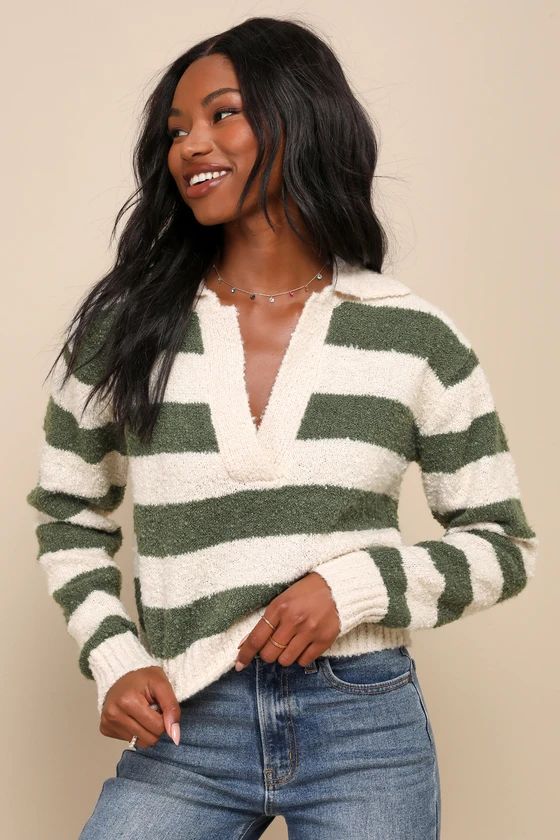 Toasty Vibes Cream and Green Striped Collared Sweater | Lulus