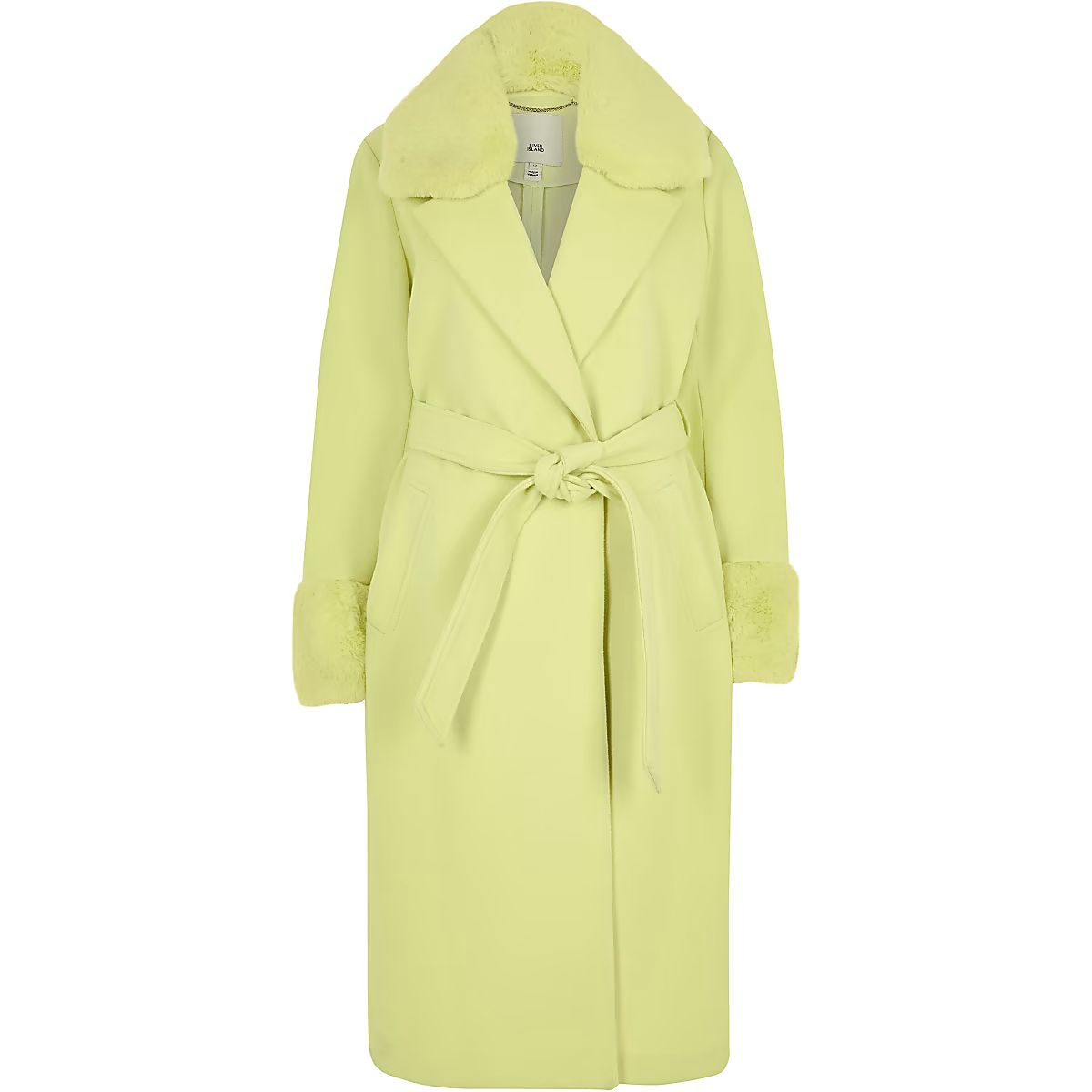 Lime faux fur trim belted robe coat | River Island (UK & IE)
