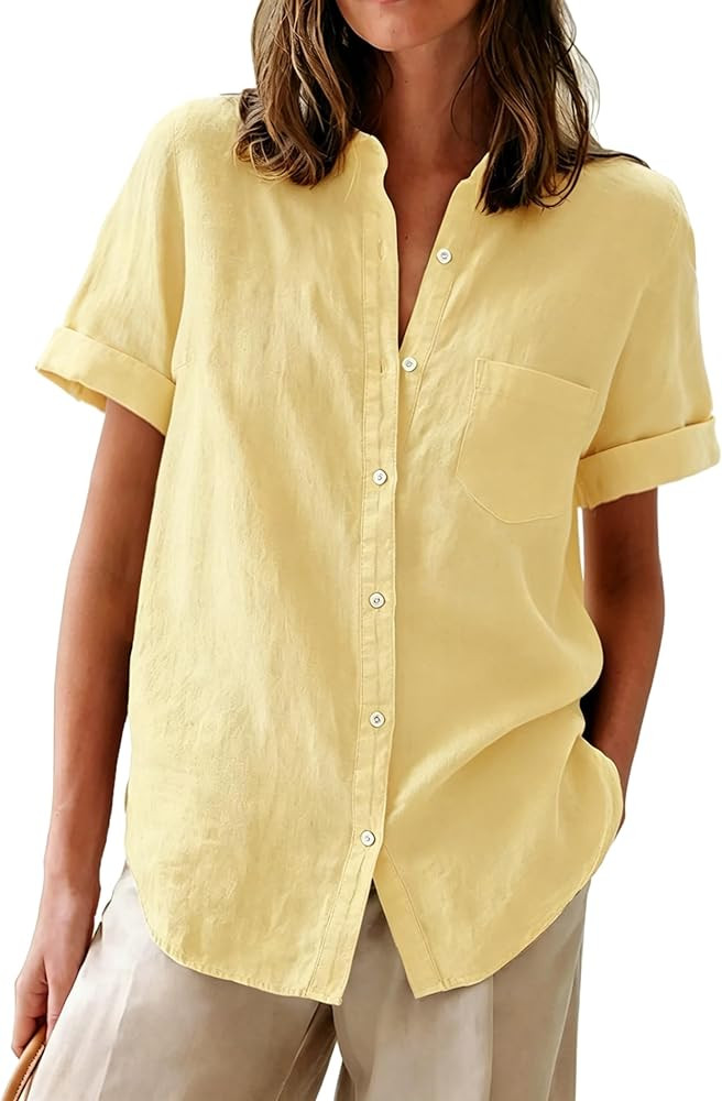 Womens Button Down Shirts Oxford Short Sleeve Cotton Dress Shirts Collared Button Up Casual Blous... | Amazon (US)
