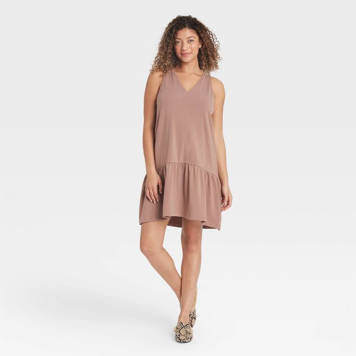 Women&#39;s Ruffle Sleeveless Hem Knit Dress - A New Day&#8482; Brown M | Target