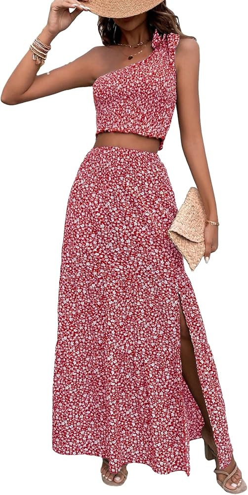 Verdusa Women's 2 Piece Outfit Floral Tie Shoulder Crop Top and Split Maxi Skirt Sets | Amazon (US)