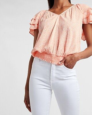 Printed Tiered Sleeve V-Neck Top | Express
