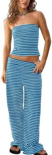 Tankaneo Womens Striped 2 Piece Set Summer Tube Tops Pants Matching Sets | Amazon (US)