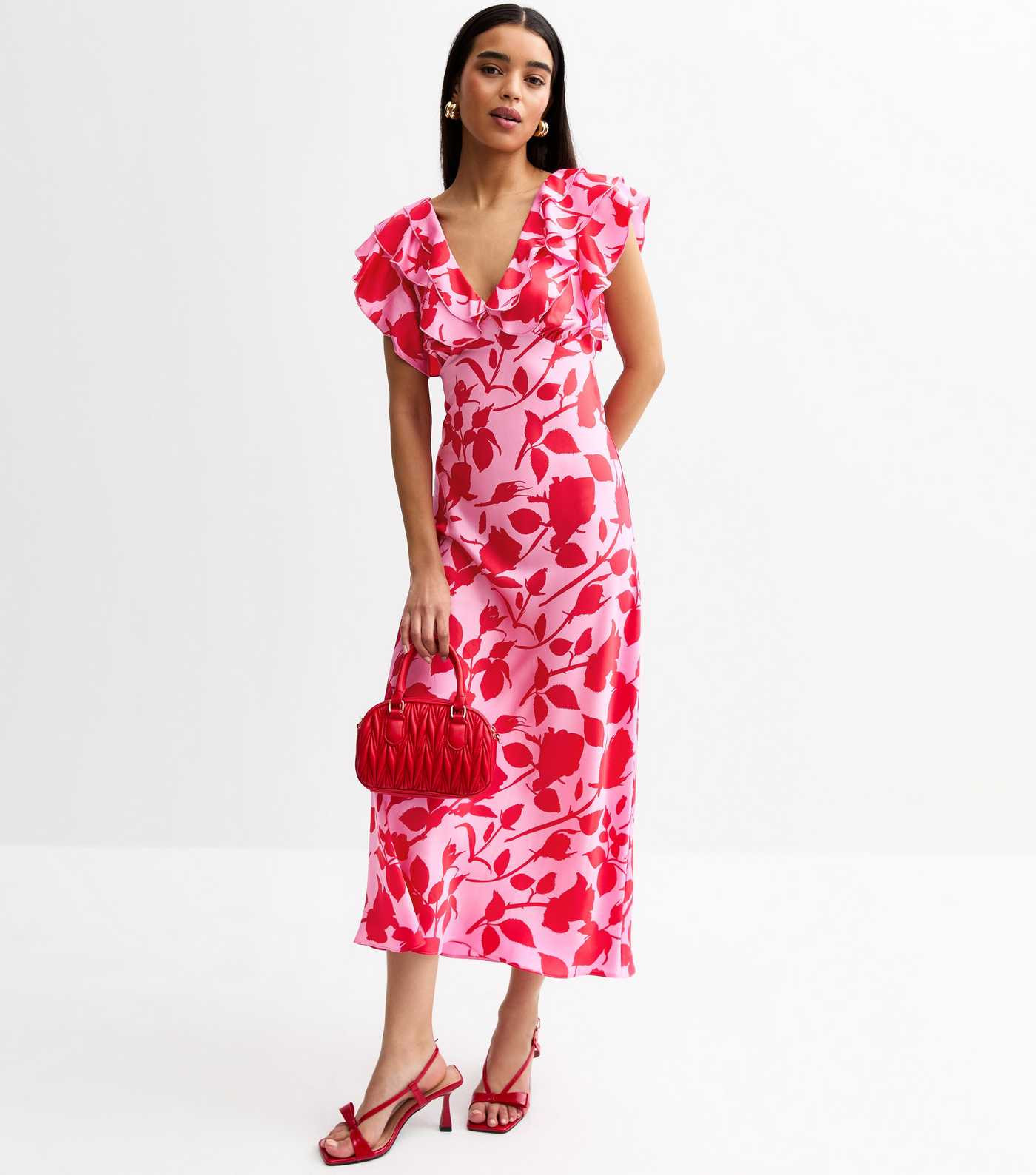 Pink Satin Floral print Ruffle Trim Midi Dress | New Look | New Look (UK)