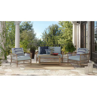 allen + roth Ivy Meadows 4 -Piece Wicker Patio Conversation Set with Light Blue Cushions | Lowe's