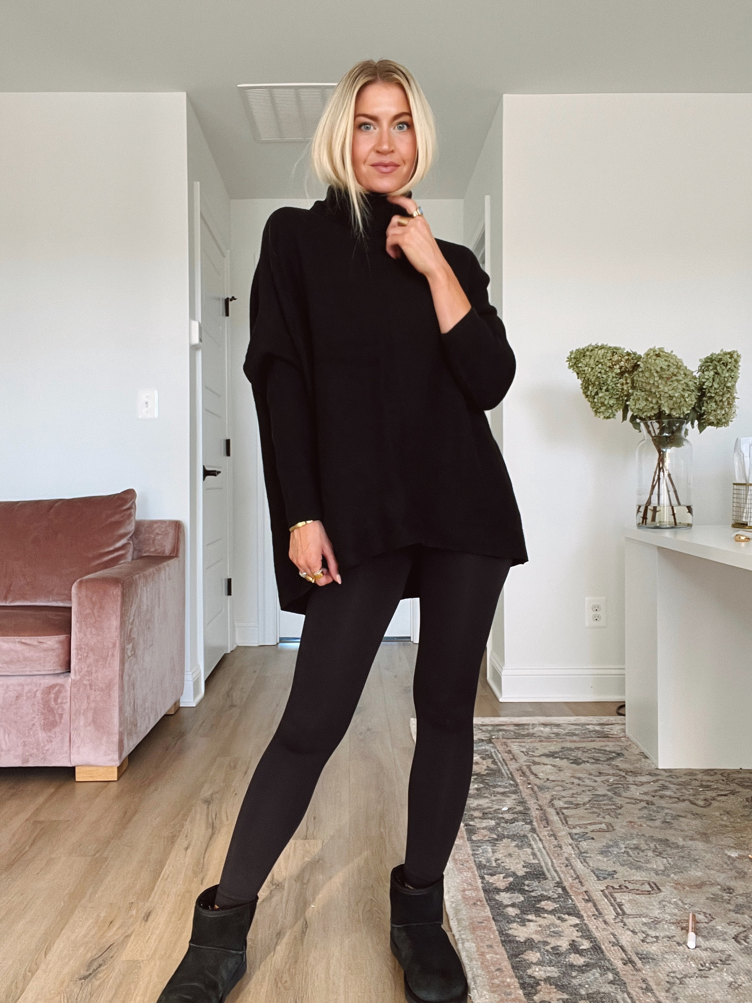 Black oversized sweater (runs tts,wearing a Med) + black leggings + black shirt Ugg boots 

#LTKHalloween #LTKstyletip #LTKSeasonal