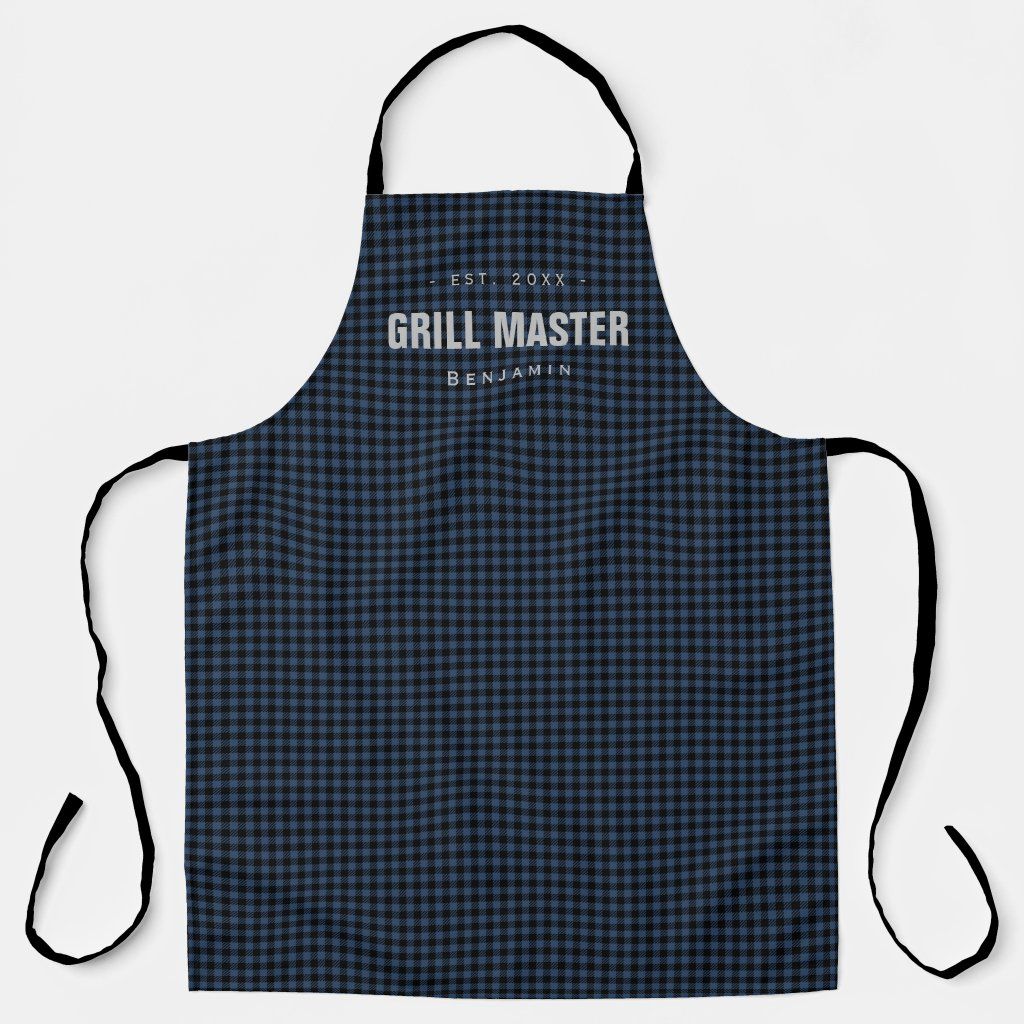 Blue gingham check grill master personalized Apron | Zazzle