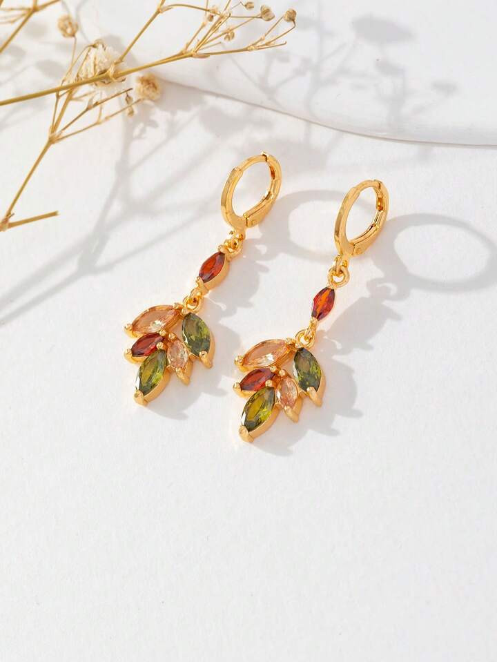 1pc Stylishly Designed Colorful Crystal Studded Water Drop & Leaf Shaped Women's Luxury Earrings ... | SHEIN