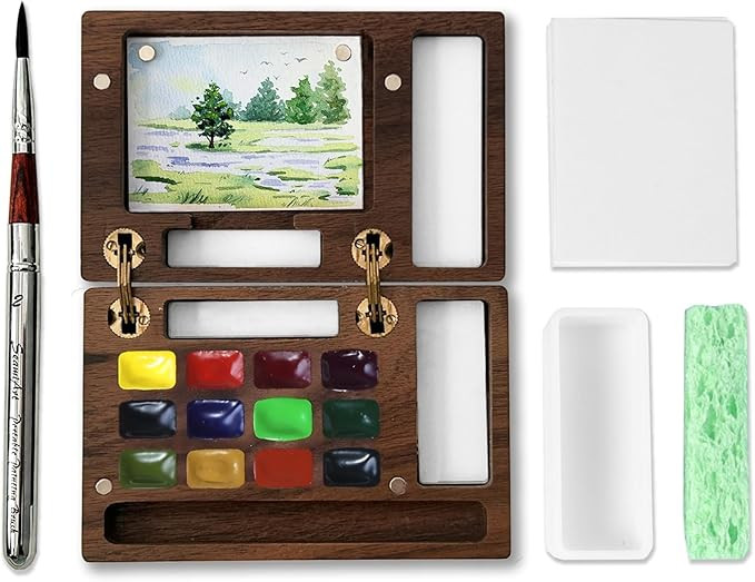 MEI COLOUR Travel Mini Watercolor Paint Set for Adult Artists, Wooden Pocket 12 Color Watercolors... | Amazon (US)