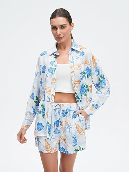 Womens Two Piece Summer Set Cute Beach Outfit with Button Up Shirt & Long Sleeves Vacation Cover ... | Amazon (US)