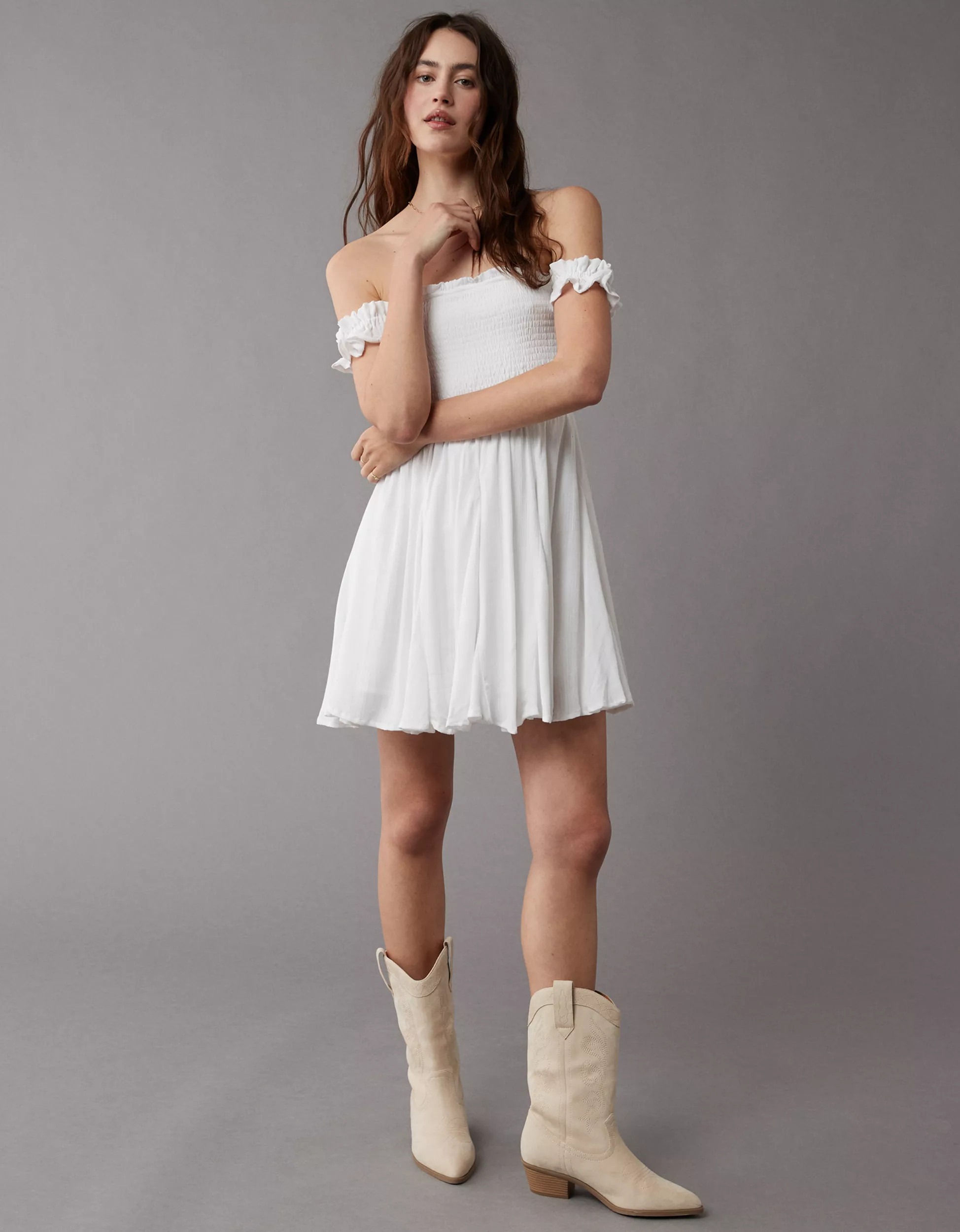 AE Smocked Off-The-Shoulder Mini Dress | American Eagle Outfitters (US & CA)