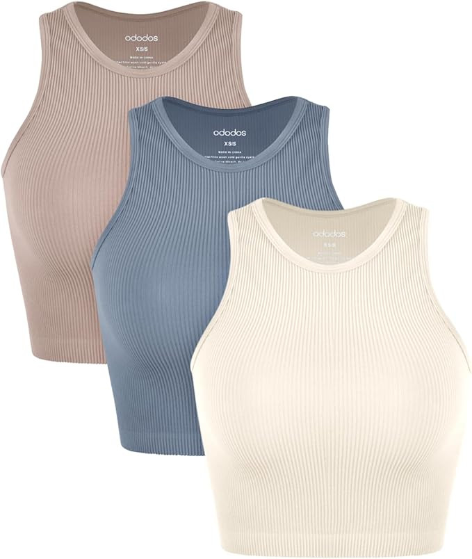 ODODOS 3-Pack Seamless Crop Tank for Women Ribbed Soft High Neck Cropped Tops | Amazon (US)