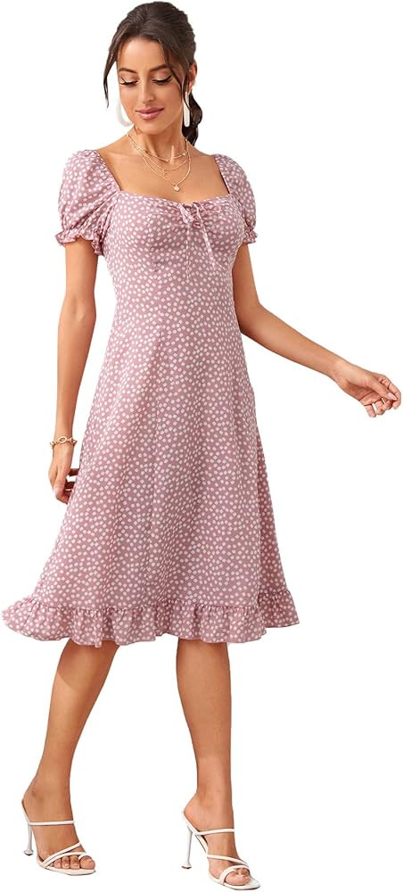 Floerns Women's Ditsy Floral Sweetheart Puff Sleeve A Line Midi Dress | Amazon (US)