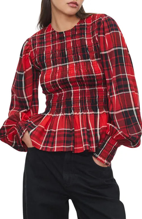 NEXT Plaid Smocked Peplum Cotton Blend Top in Red at Nordstrom, Size 4 Us | Nordstrom