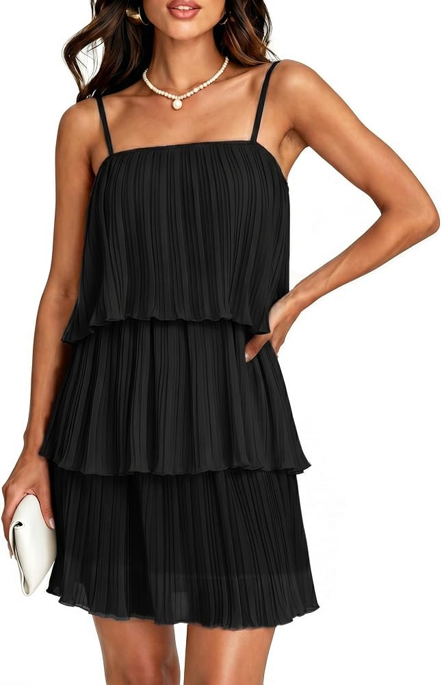 Glamaker Womens Summer 2 Piece Skirt Sets Sleeveless Spaghetti Tiered Layed Chiffon Short Sets Be... | Amazon (US)