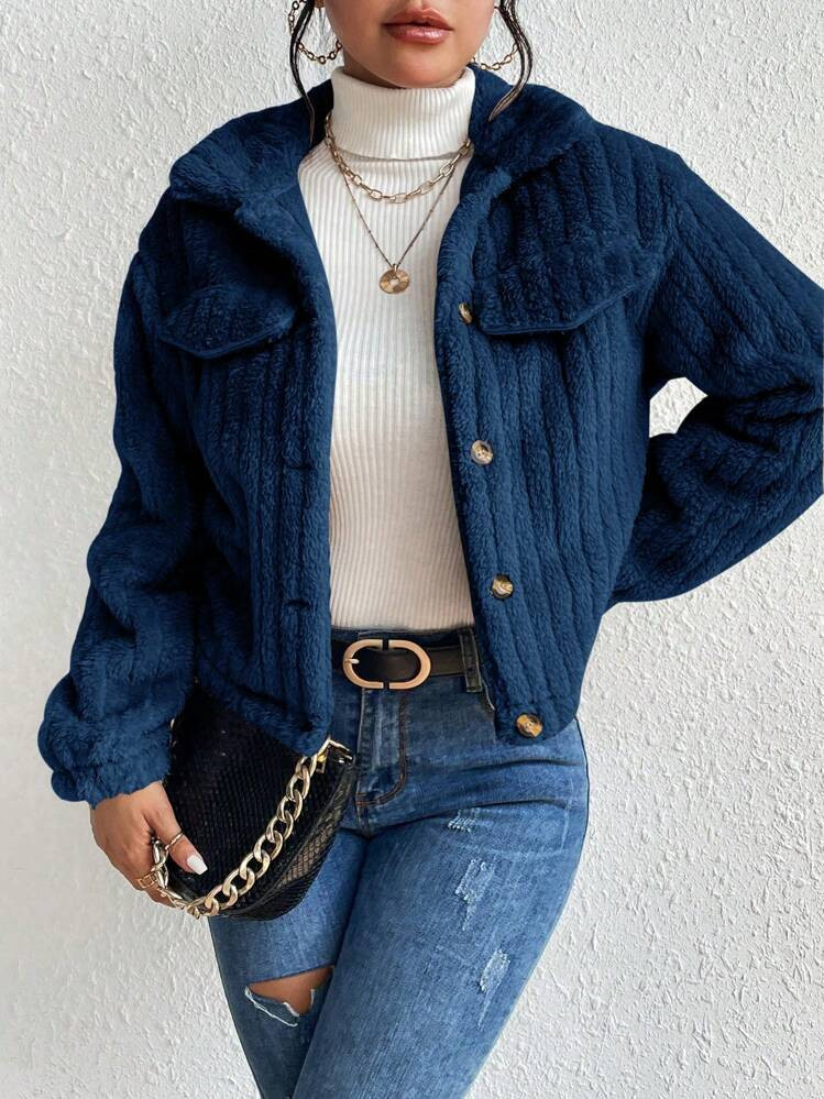 EMERY ROSE Flap Detail Button Front Teddy Jacket,Ladies Late Fall Casual Button Drop Shoulder Collar Loose Royal Blue Plain Women Jackets,Casual Daily Wear | SHEIN