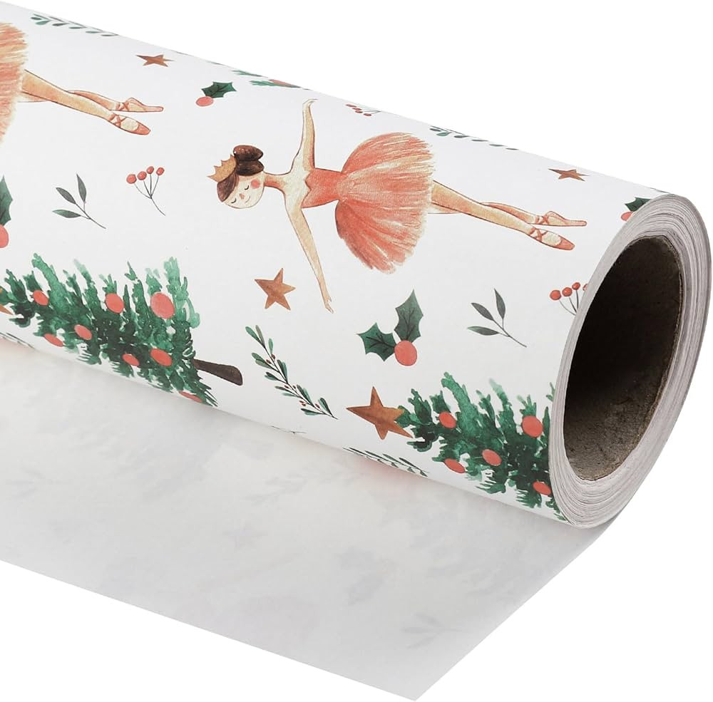 WRAPAHOLIC Kraft Christmas Wrapping Paper - Mini Roll - 17 Inch x 33 Feet - Sugar Plum Fairy with... | Amazon (US)