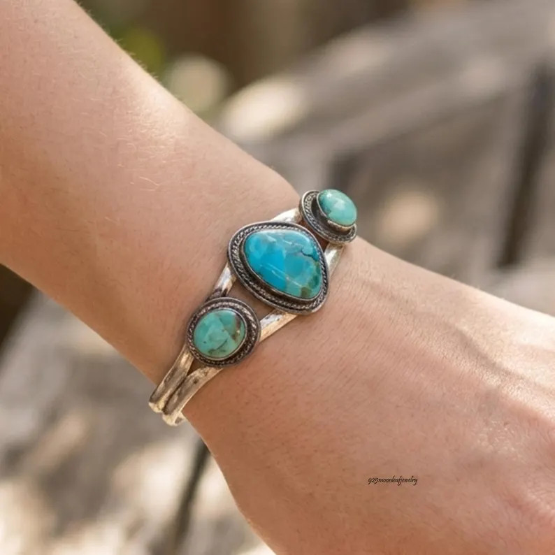 Natural Kingman Turquoise 925 Sterling Silver Cuff Bracelet Boho Handmade Gemstone Bangle Gift | Etsy (Global)