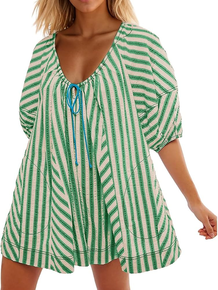 Women Y2K Puff Sleeve Striped Oversized Romper Dress Summer V Neck Overall Wide Leg Loose Jumpsui... | Amazon (US)