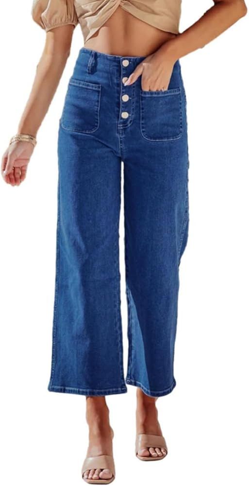 PLNOTME Women's High Waisted Wide Leg Jeans Regular Fit Capri Button Up Denim Pants | Amazon (US)