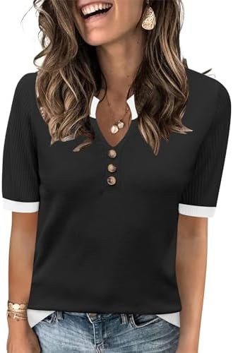 LOMON Women Short Sleeve Sweater 2026 Spring Summer Trendy Tops V Neck Dressy Casual Work Pullove... | Amazon (US)