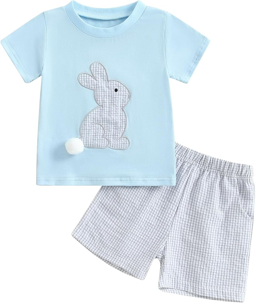 Baby Boy Easter Clothes Bunny Carrot Embroidery Short Sleeve T-shirt Plaid Striped Shorts Set 2Pc... | Amazon (US)
