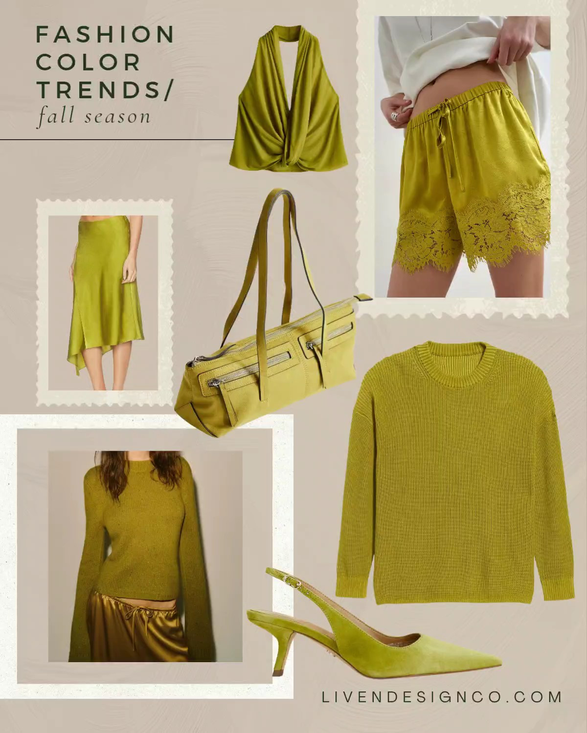 Fall fashion. Color trends. Chartreuse fashion. Satin lace shorts. Olive green. Chartreuse sweater. Slingback heels. Reformation. Asos. Old Navy. Midi Satin skirt. Asymmetrical skirt 

 #LTKSaleAlert #LTKSeasonal