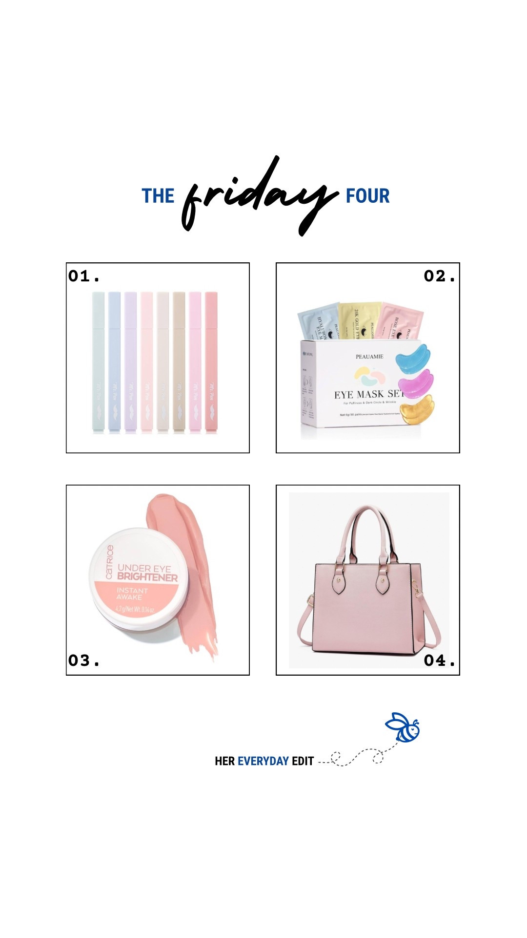 four of my favorite Amazon purchases:
1. Bible highlighters
2. Eye masks (pro tip: keep them in the refrigerator)
3. Under eye brightener
4. Purse 

#amazon 

#LTKItBag #LTKFindsUnder50 #LTKGiftGuide