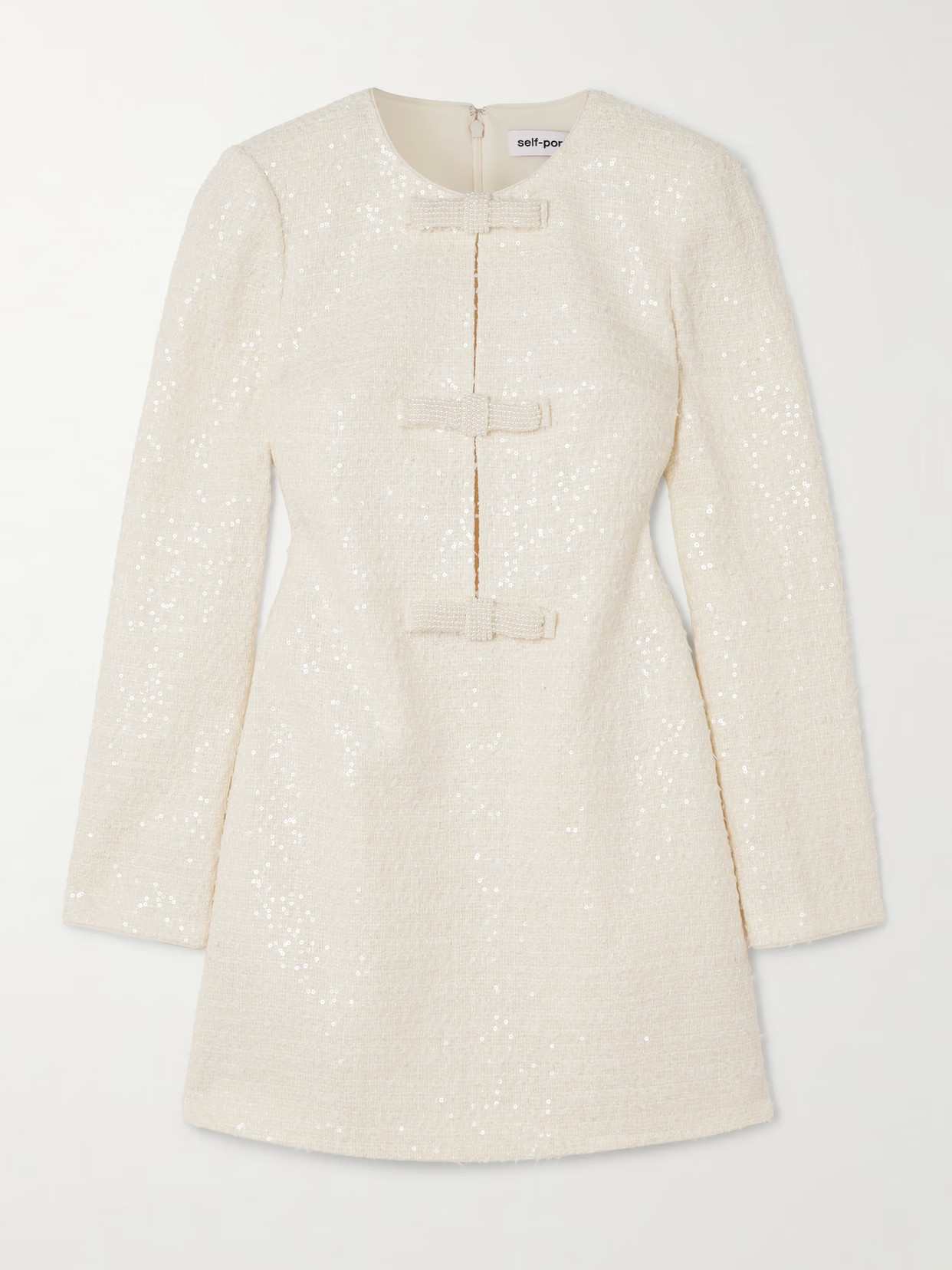 Self-Portrait - Embellished Sequined Bouclé-tweed Mini Dress - Cream | NET-A-PORTER (US)