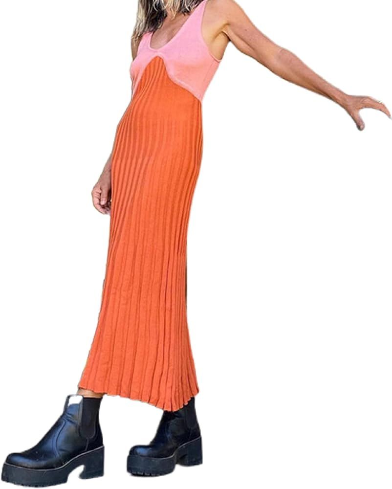 Luckinbaby Print Knit Bodycon Dress for Women Y2K Hollow Out Midi Dresses Sleeveless 2022 Summer Bea | Amazon (US)