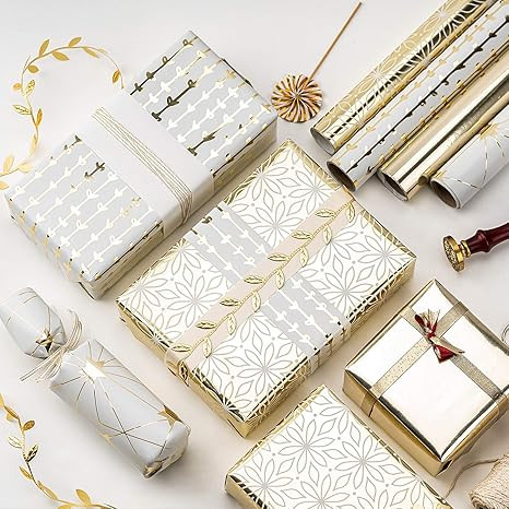 WRAPAHOLIC Wrapping Paper Sheet - 12 Sheets Metallic Gold Design Folded Flat for Wedding, Birthda... | Amazon (US)