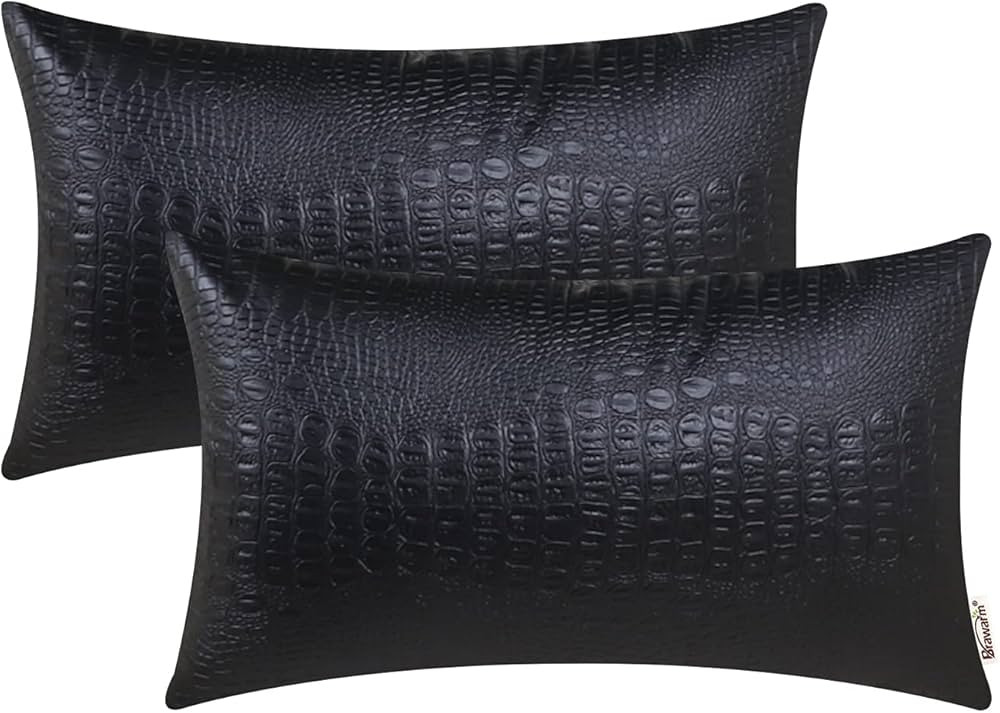 BRAWARM Faux Leather Pillow Covers 12 X 20 Inches, Black Leather Pillow Covers Pack of 2, Crocodi... | Amazon (US)