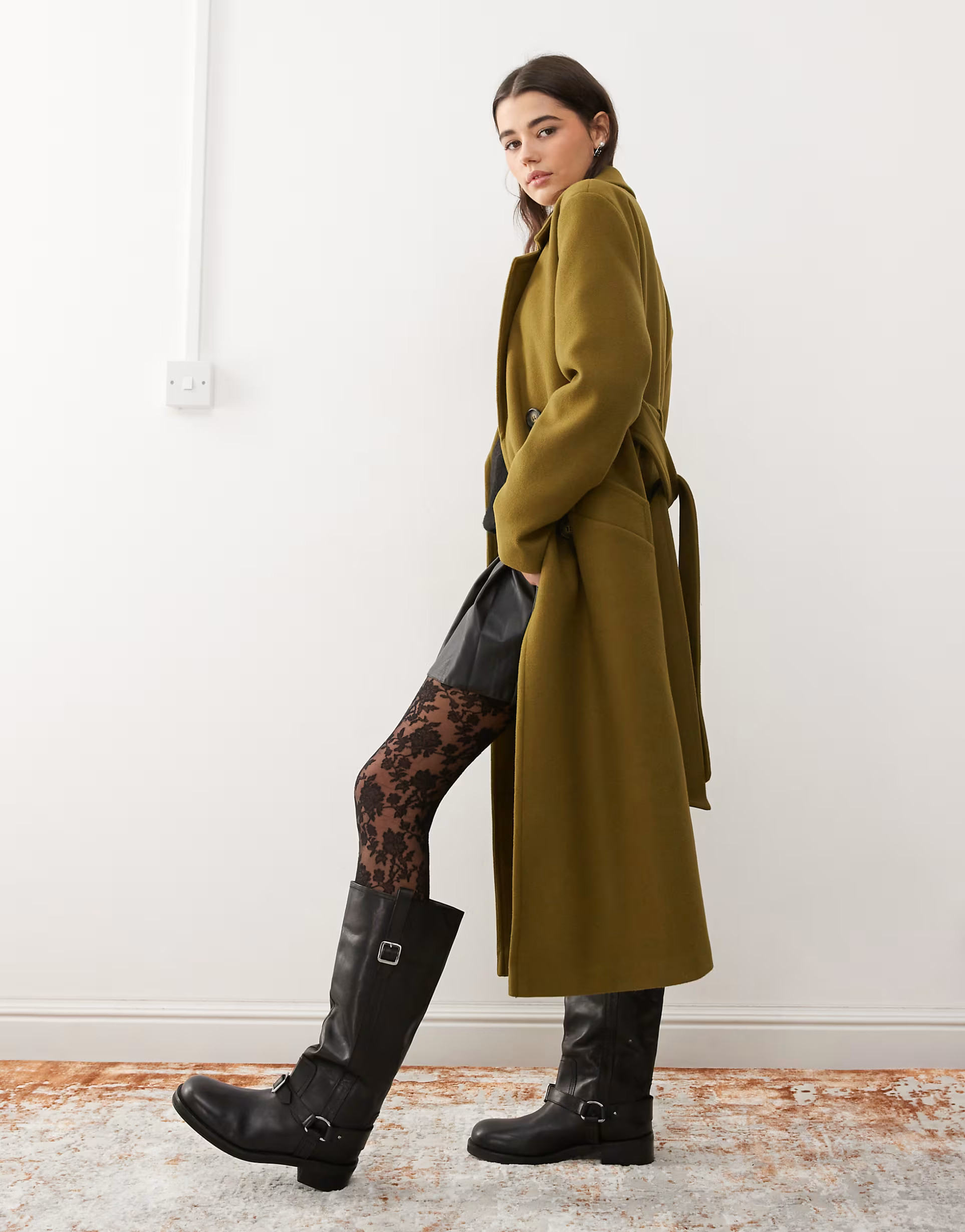 Miss Selfridge belted wrap formal coat in khaki | ASOS (Global)