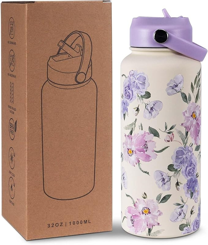 Goetland Flowers Water Bottle Beverage Bottle with Straw Lid 32 oz Stainless Steel Wide Mouth Vac... | Amazon (US)