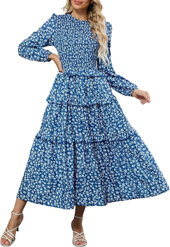 ZAFUL Womens Fall Floral Smocked Maxi Dress Long Puff Sleeve Bohemian Dresses Flowy Tiered Ruffle... | Amazon (US)