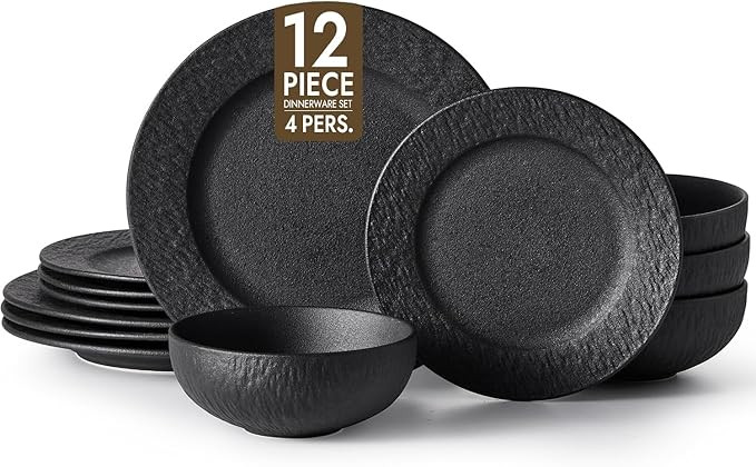 KINGSTONE Black Dinnerware Sets, 12-Piece Matte Marble Pattern Premium Porcelain, Place Setting w... | Amazon (US)
