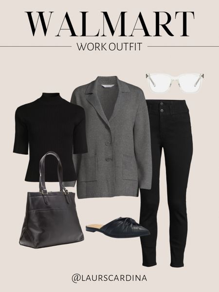 This Walmart work outfit idea includes a black turtleneck paired with black pants, a gray blazer, a tote bag, slide black flats, and blue light glasses. 

Walmart fashion, work outfit, workwear, look for less, fall style, fall outfit 

#LTKstyletip #LTKworkwear #LTKfindsunder50
