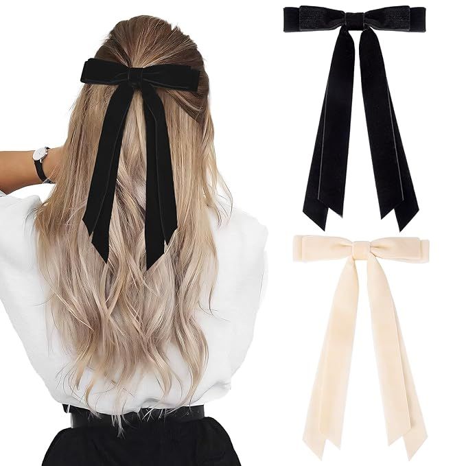 2PCS Velvet Hair Bows Ribbon Hair Clip Black Beige Accessories Ponytail Holder Accessories Slides... | Amazon (US)