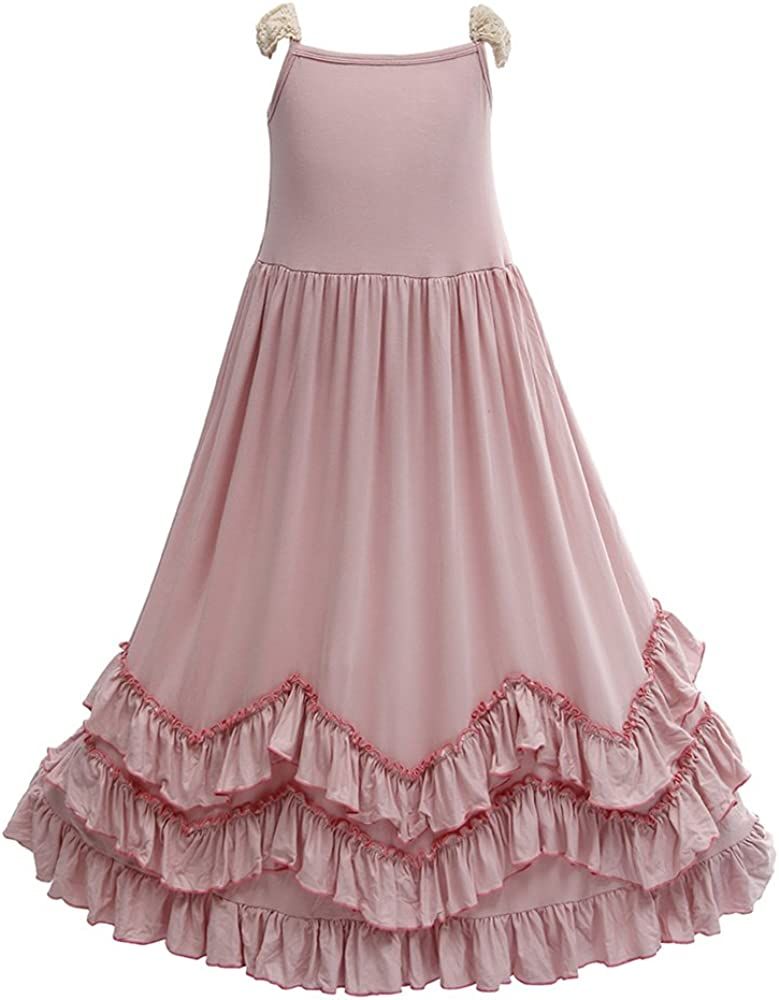 Girls Ruffles Maxi Dress Pink Color Halter Lace Fly Sleeve Cotton Party Dress Skirts | Amazon (US)