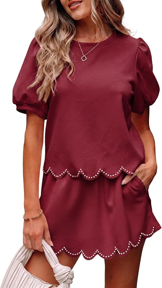 MARZXIN Womens 2 Piece Skort Set Puff Sleeve Pearl Embellished Scallop Trim Shorts Set Comfy Loun... | Amazon (US)