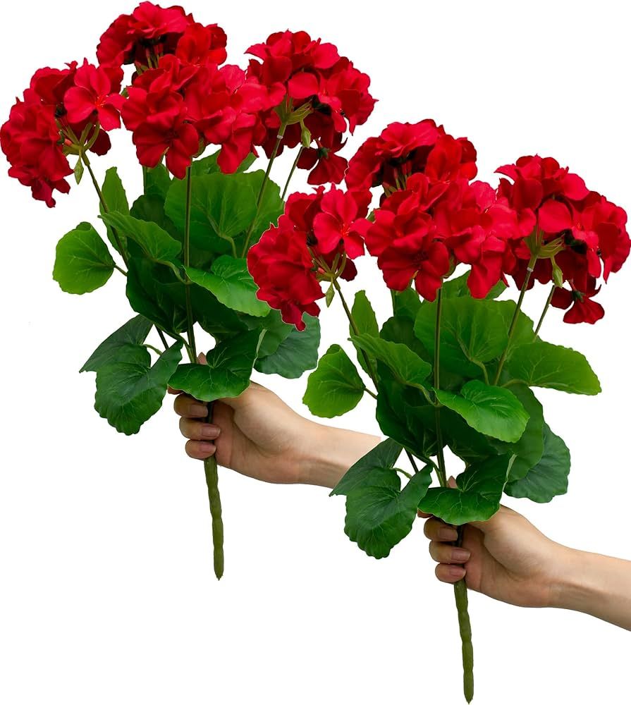 2PCS 18'' Artificial Geraniums Silk Flowers Plants Home Outdoor Decor Garden Ruby Red | Amazon (US)