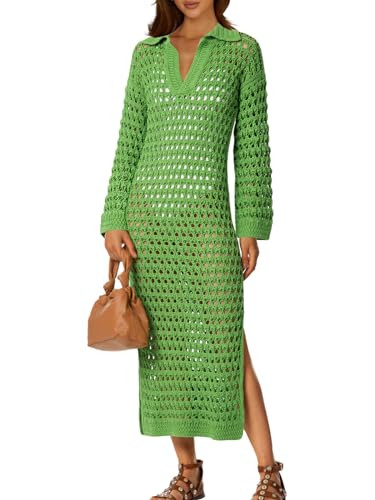 Saodimallsu Womens Crochet Swimsuit Cover Up V Neck Collared Long Sleeve Mesh Knit Split Long Bea... | Amazon (US)