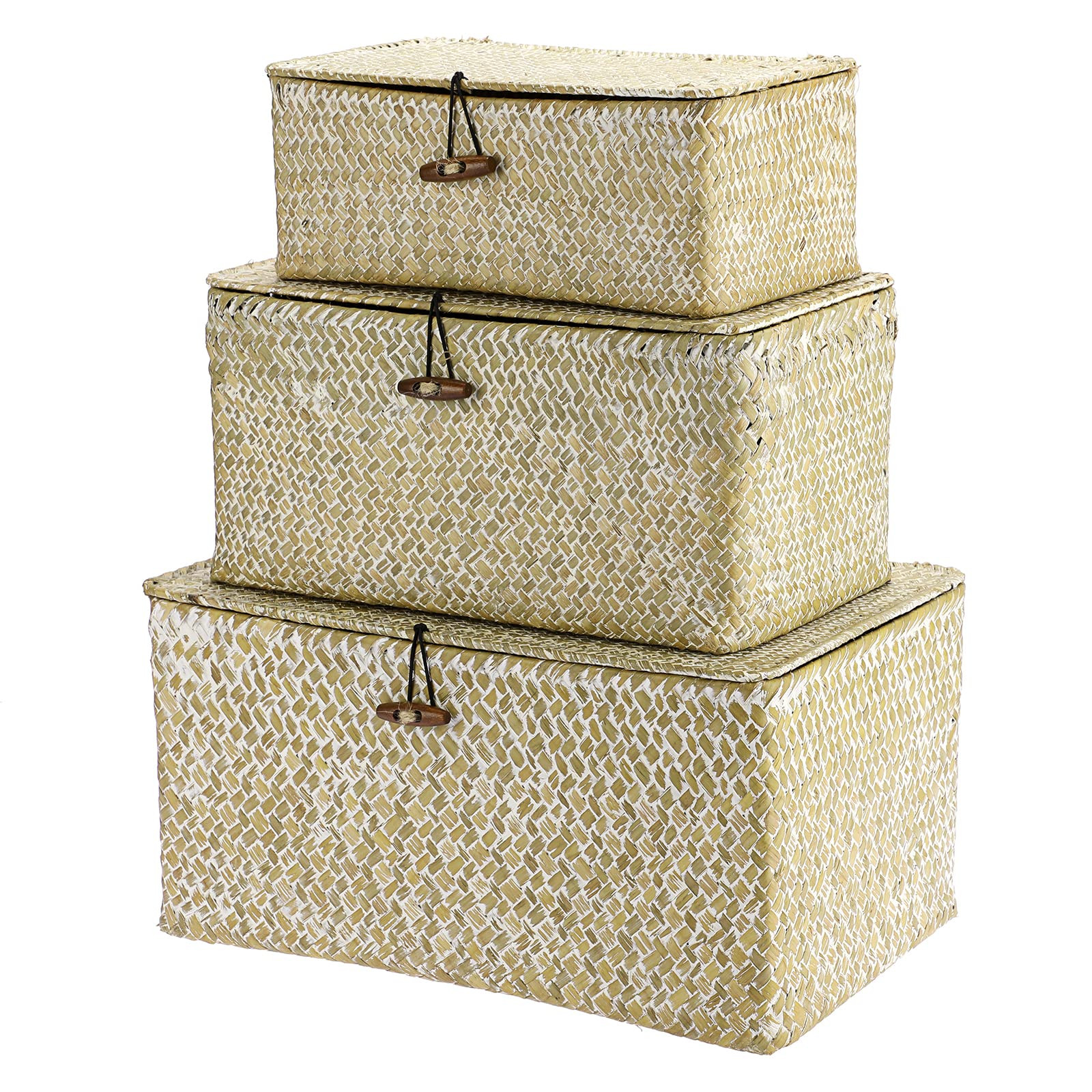 Hipiwe Set of 3 Wicker Storage Baskets with Lid - Large Handwoven Seagrass Shelf Basket Bins Rect... | Amazon (US)