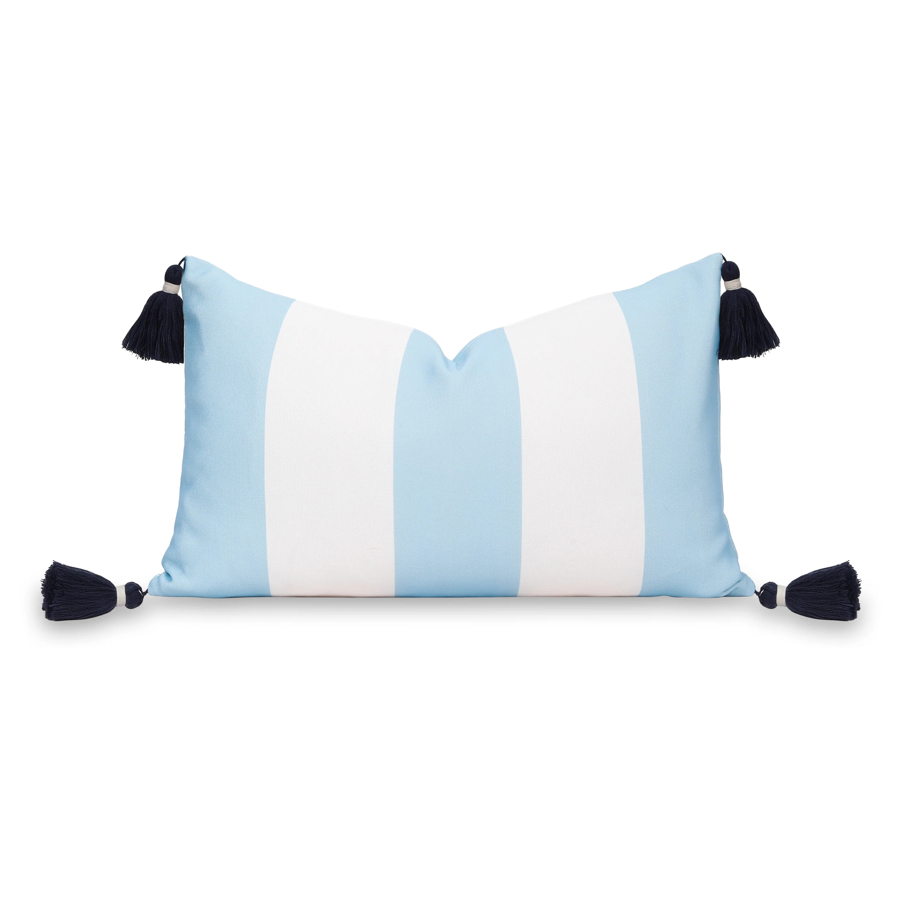 Coastal Indoor Outdoor Lumbar Pillow Cover, Wide Stripes with Tassels, Baby Blue, 12 | Hofdeco