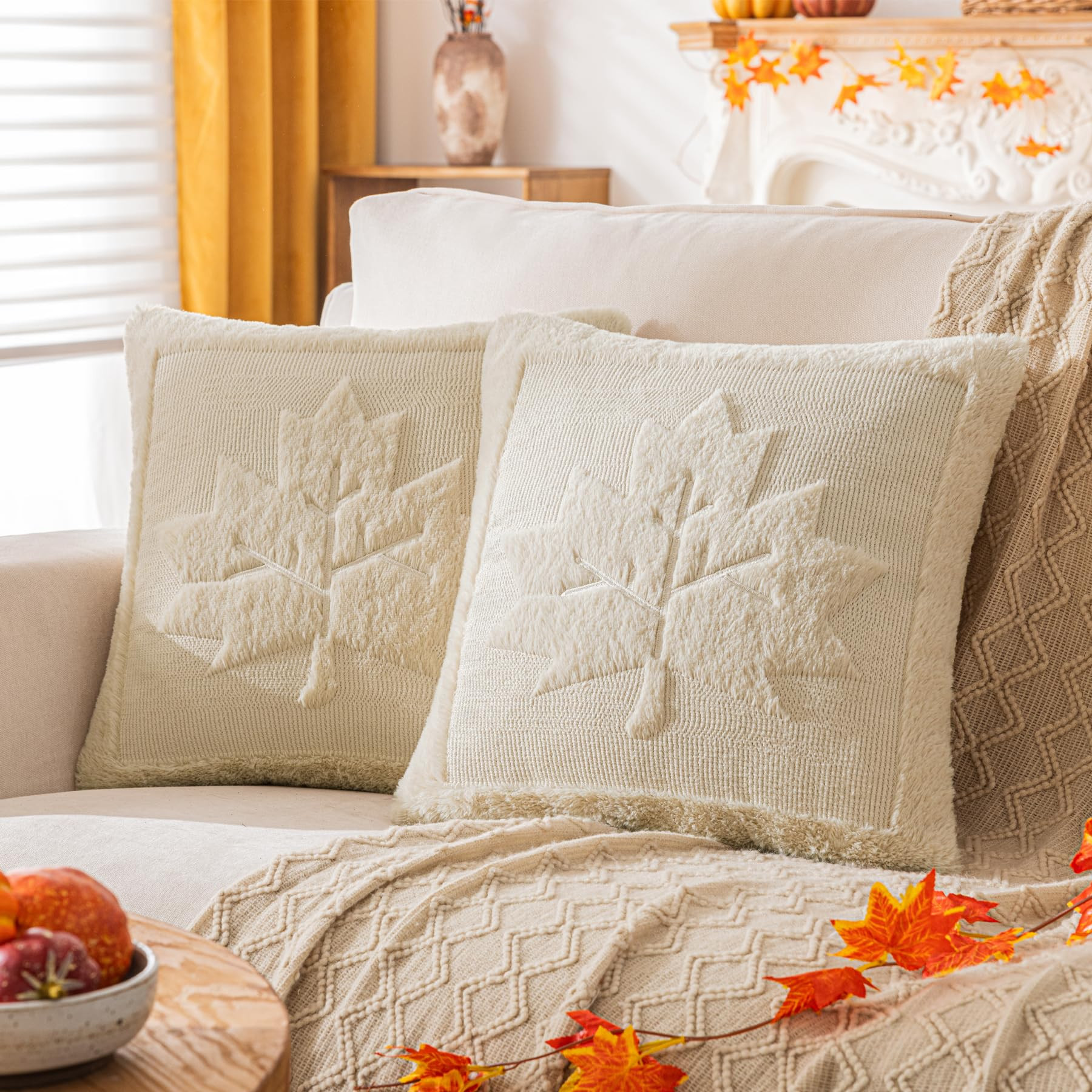 Beige Maple Leaf Fall Pillow Covers 20x20 Inches Set of 2 Fluffy Faux Fur Decorative Throw Pillow... | Amazon (US)